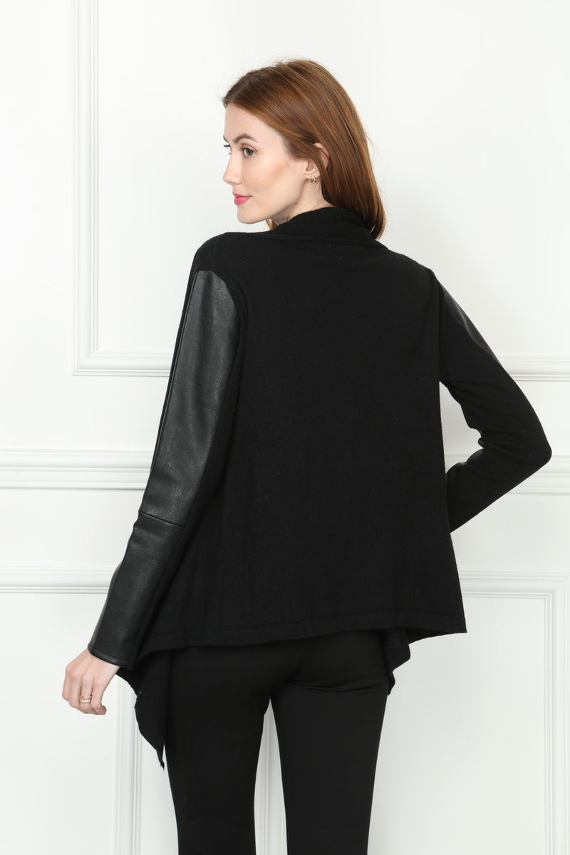 Black cardigan shop with leather sleeves